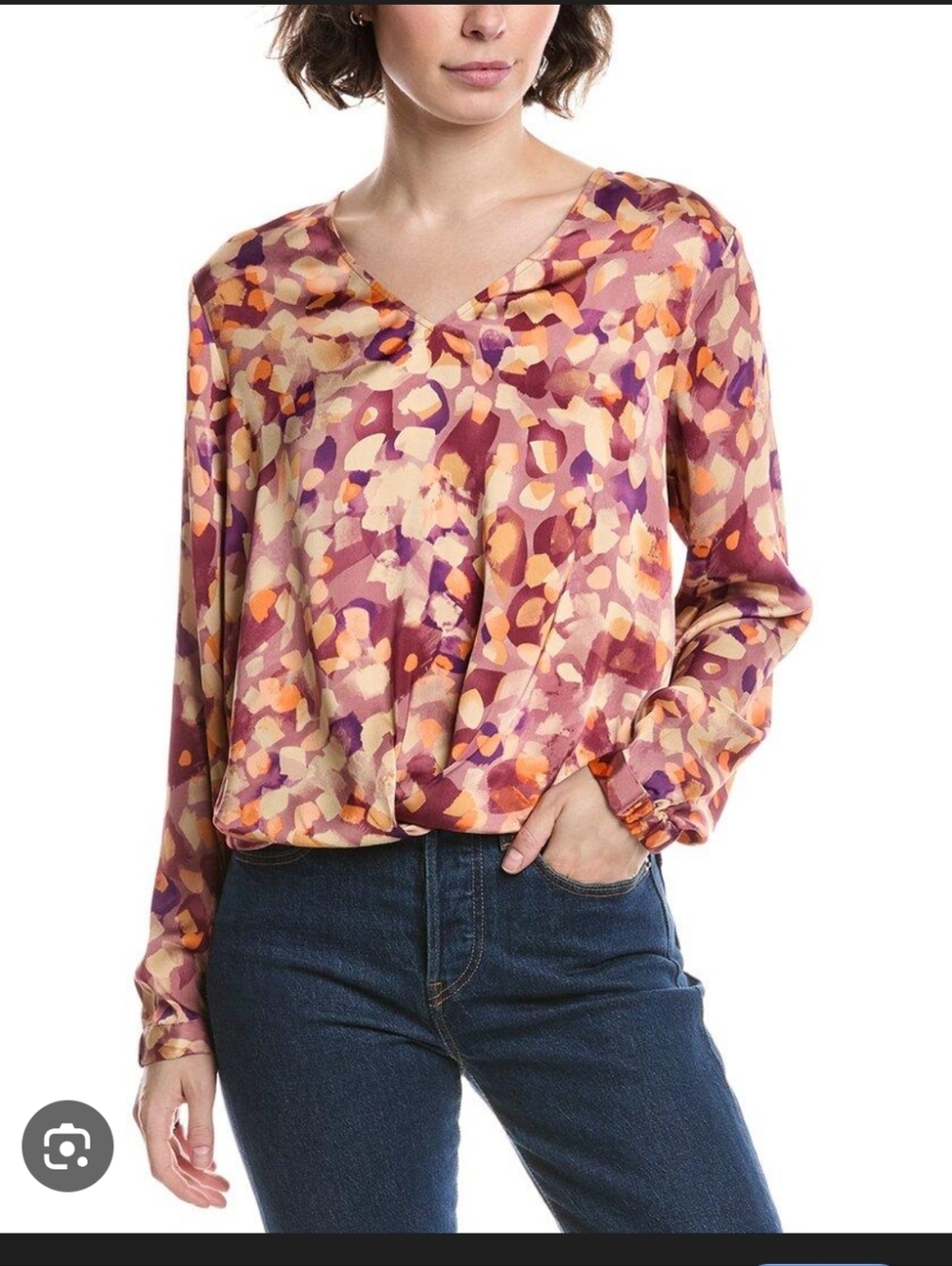 CAbi Size S Abstract Print V-Neck Long-Sleeve Blouse in Multi-Color